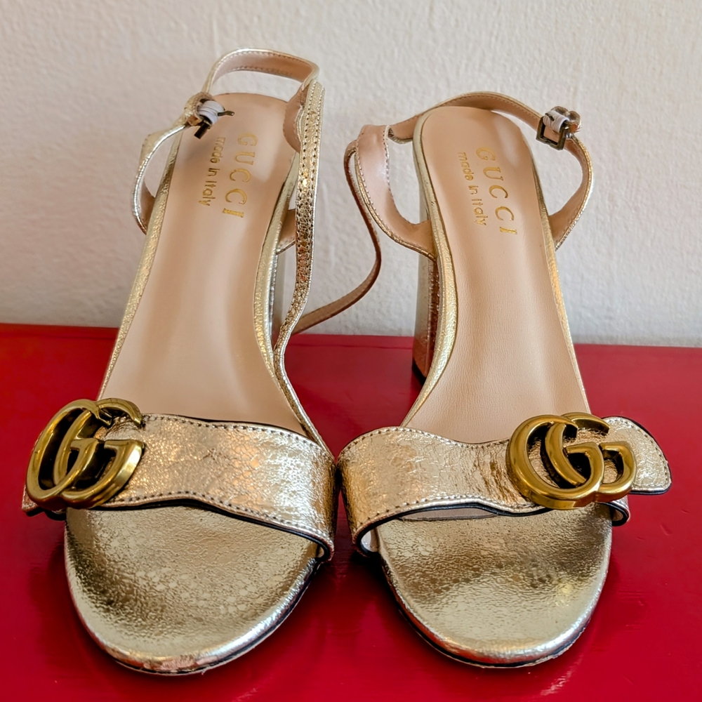 Gucci Women's Metallic Gold GG Logo Slingback Sandals